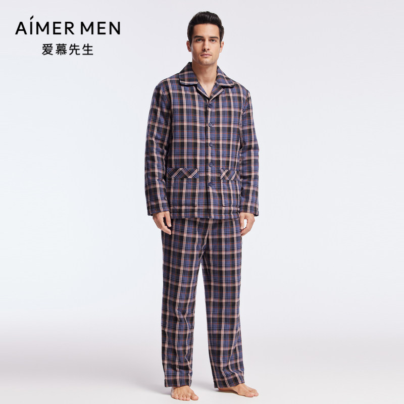 爱慕先生22秋冬绗缝棉时尚格纹厚款男士家居服套装NS43J221