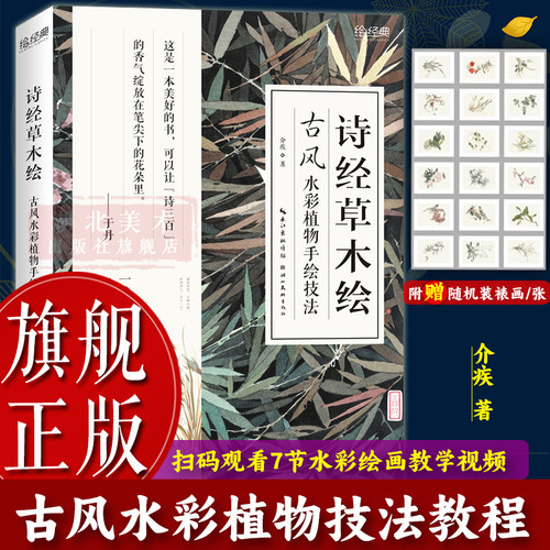 【旗舰正版】诗经草木绘：古风水彩植物手绘技法 介疾著初学水彩画零基础入门临摹基础教程 诗经里的草药花卉植物绘画技法画册书籍 - 封面