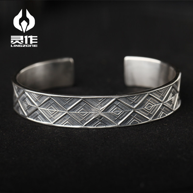 灵作银饰 印第安纳瓦霍三角纹路12mm平打手镯999纯银手工原创定制