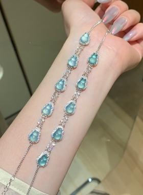 天然蓝水翡翠危料葫芦手链纯银s925国潮风爆闪精致高级链条轻奢