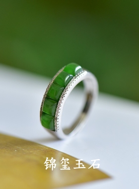 天然和田玉碧玉排戒S925银精工厚镶玉石女款时尚高档送朋友礼物