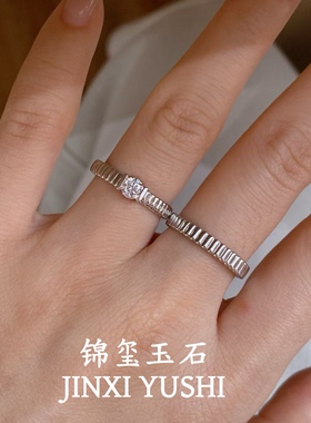 双层罗缎条纹莫桑石戒指小众高级感925银镶50分钻戒爆闪时尚