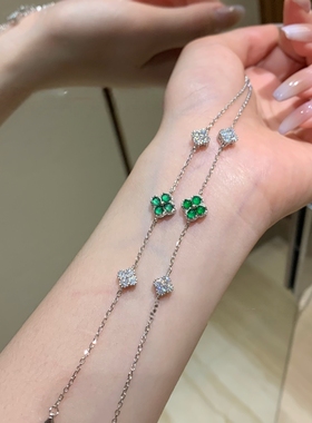 天然危料阳绿翡翠蓝水翡翠S925纯银四叶草手链精致小清新设计