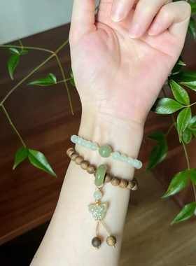 新款 天然和田玉沉香双圈手串沉香与晴水和田玉小众设计显白