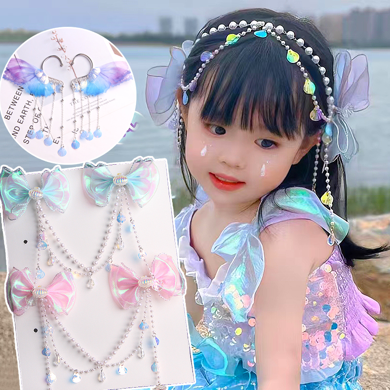 宝宝美人鱼珍珠流苏蝴蝶结额头链