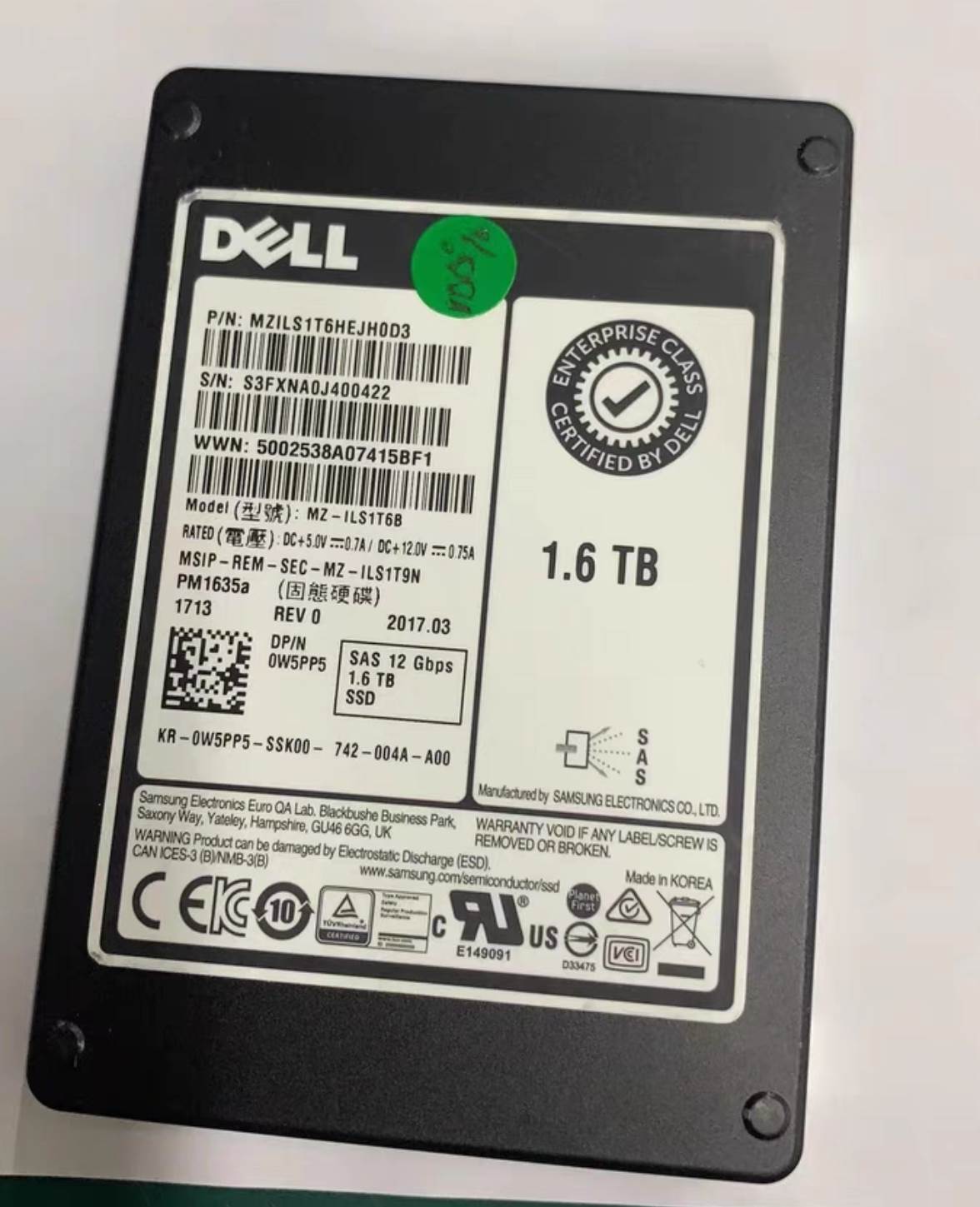 W5PP5 dell 1.6T SAS 12G SSD服务器固态硬盘0W5PP5 PM1635A非实