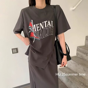 HU韩版2025夏季新款时尚设计感开叉圆领宽松上衣+休闲半身裙套装