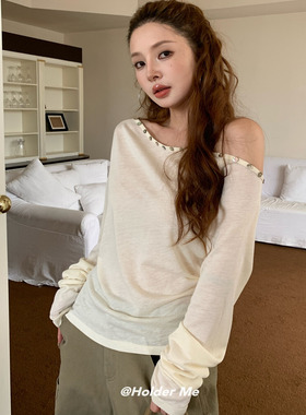 HOLDER韩版时尚辣妹斜肩纽扣T恤2025秋季新款气质百搭露肩上衣女