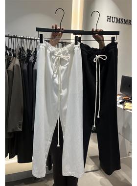 HU MSMR韩版时尚气质设计感显瘦脱地裤2024秋季款百搭绑带阔腿裤
