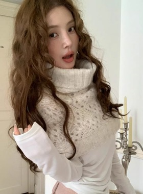 HOLDER十三行2025秋季新款时尚气质镂空叠搭半高领短款披肩毛衣女