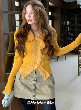 HOLDER十三行2025冬季新款韩系小女人设计感蕾丝拼接百搭针织毛衣