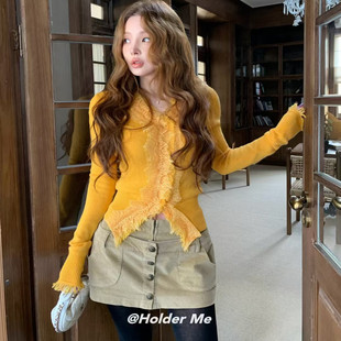 HOLDER十三行2025冬季 韩系小女人设计感蕾丝拼接百搭针织毛衣 新款