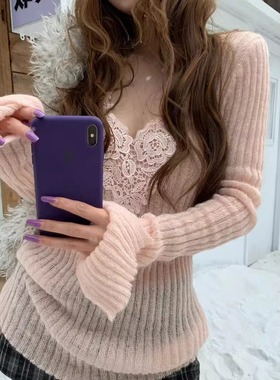 HOLDER十三行2025冬季新款韩系百搭设计感蕾丝拼接V领针织毛衣女