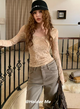 HOLDER十三行2025冬季新款韩系时尚气质性感蕾丝修身显瘦长袖T恤