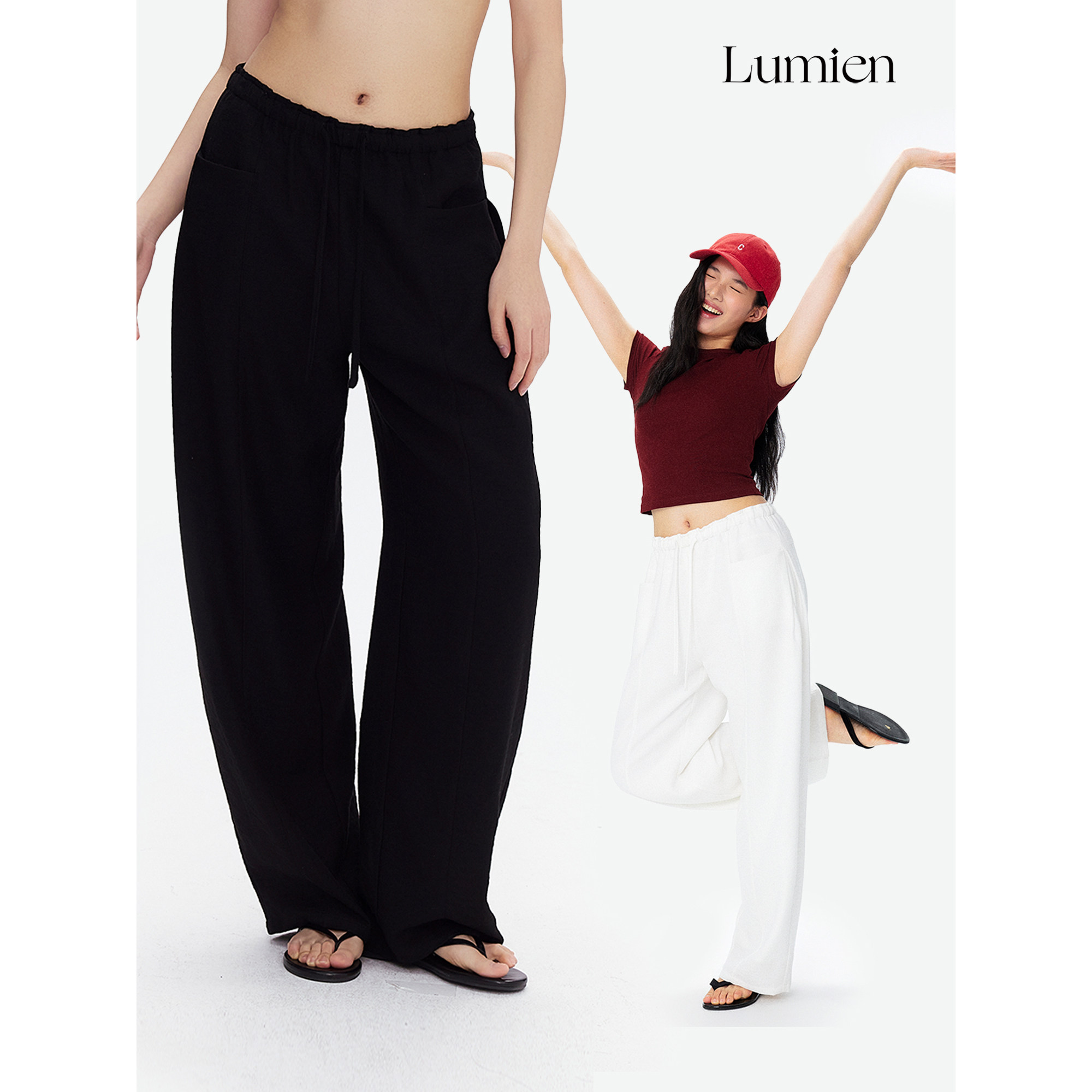LUMIEN 抽绳阔腿桑蚕丝亚麻休闲裤女春季新款百搭修身长裤子