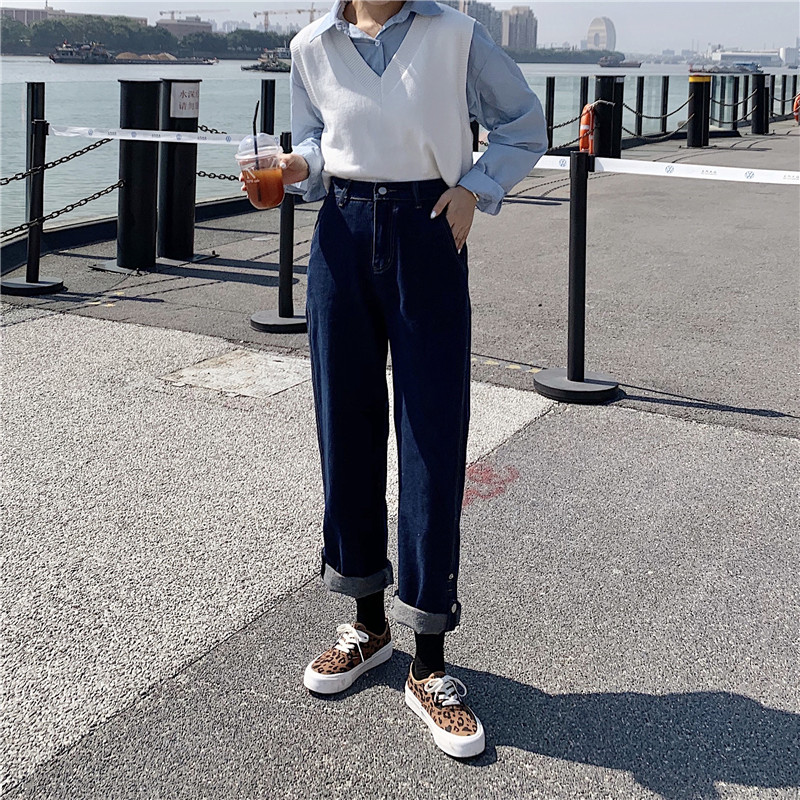 Real price jeans women's 2020 new autumn and winter slim loose wide leg pants Hong Kong style retro straight pants