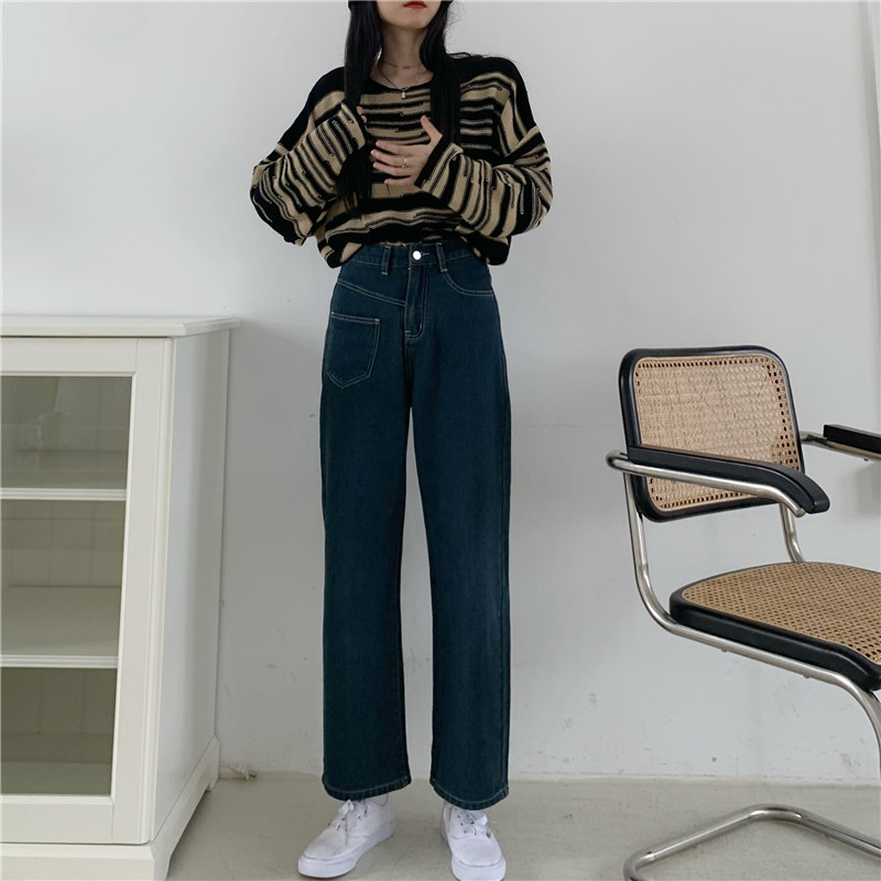 Women's high waisted loose fit asymmetric Pocket Jeans