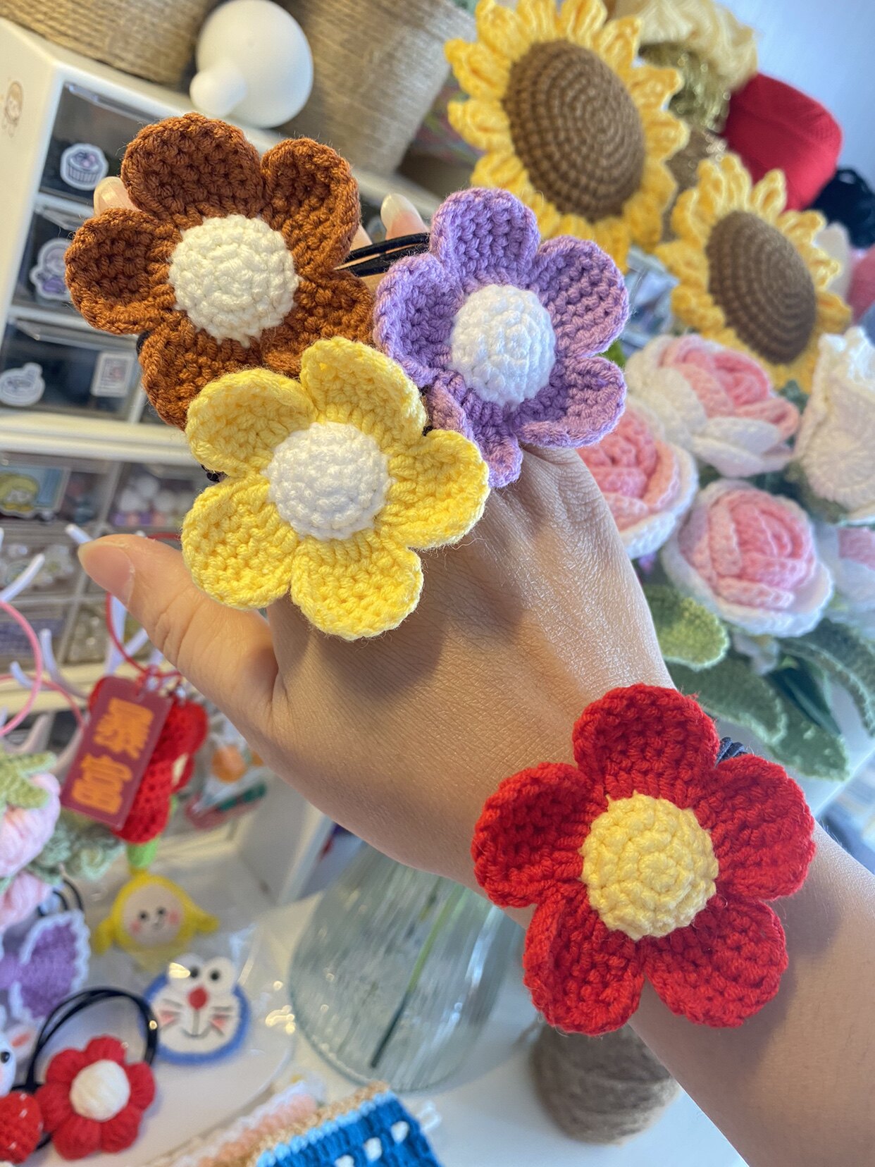 纯手工毛线diy钩织发绳阿富汗钩法花朵发圈儿童成人皮筋发饰成品