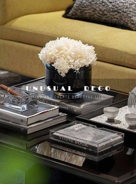 UNUSUAL DECO轻奢样板间大厅装饰品黑色玻璃花器马毛托盘组合摆件