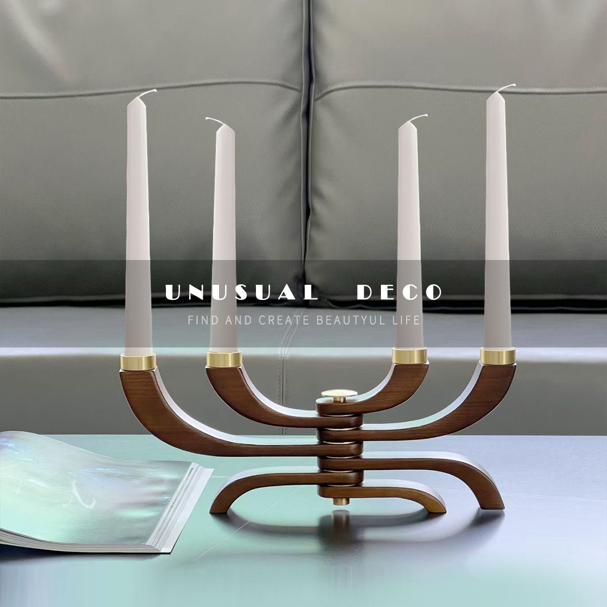 unusual 北欧复古旋转多头木质蜡烛烛台样板间玄关客厅餐厅摆件