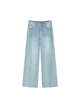 美式复古满天星烫钻牛仔裤女秋冬加绒胖妹妹mm设计感高腰阔腿长裤