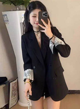 灰色卷边蕾丝袖西装外套女2025春秋新款小众设计感休闲 西服上衣