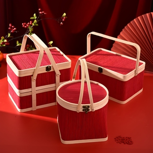 新款马年竹编提篮手提新年礼品盒双层年货礼盒春节坚果包装礼物盒