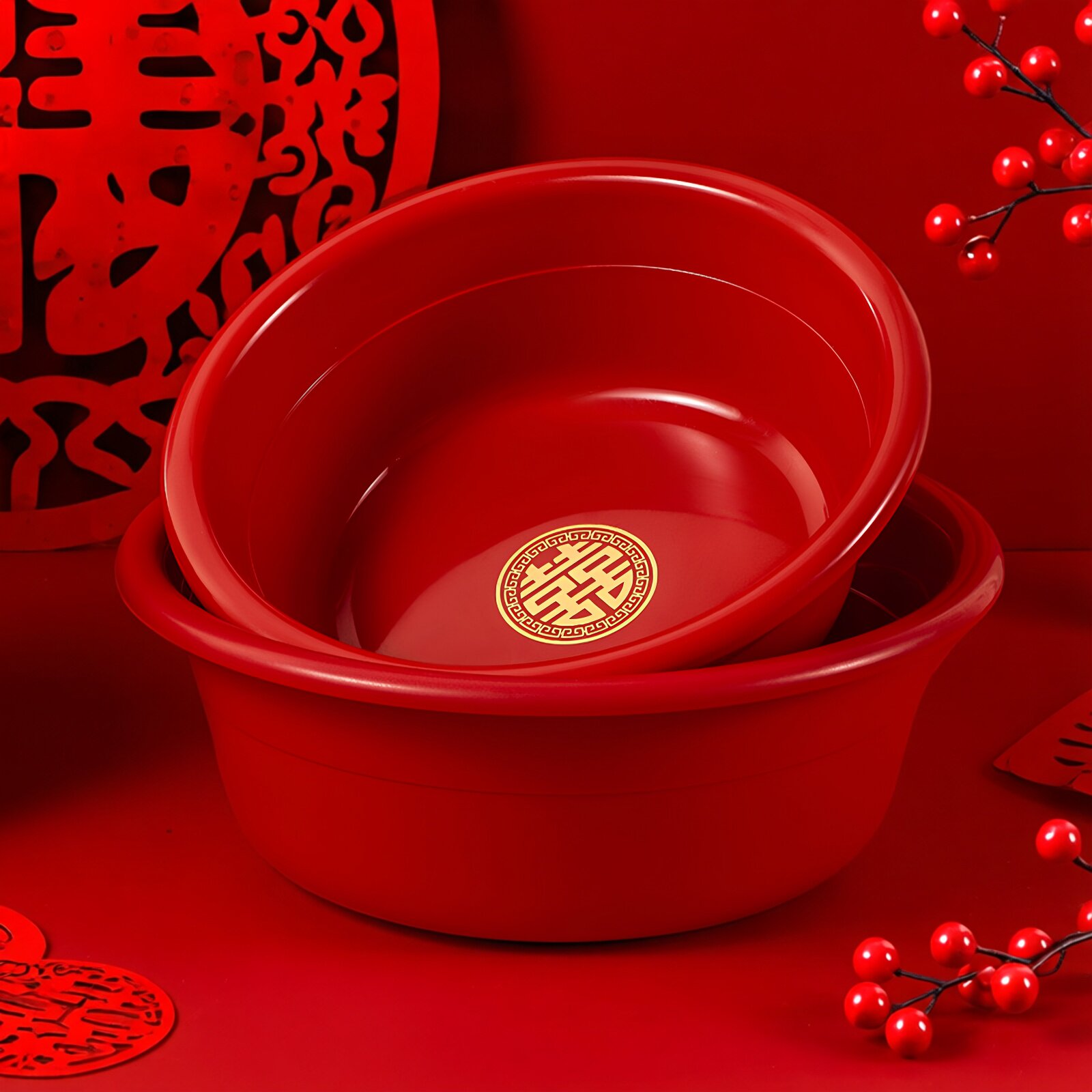 结婚喜字脸盆结婚用品大全出嫁婚礼婚庆新娘嫁妆塑料红色洗脸盆子