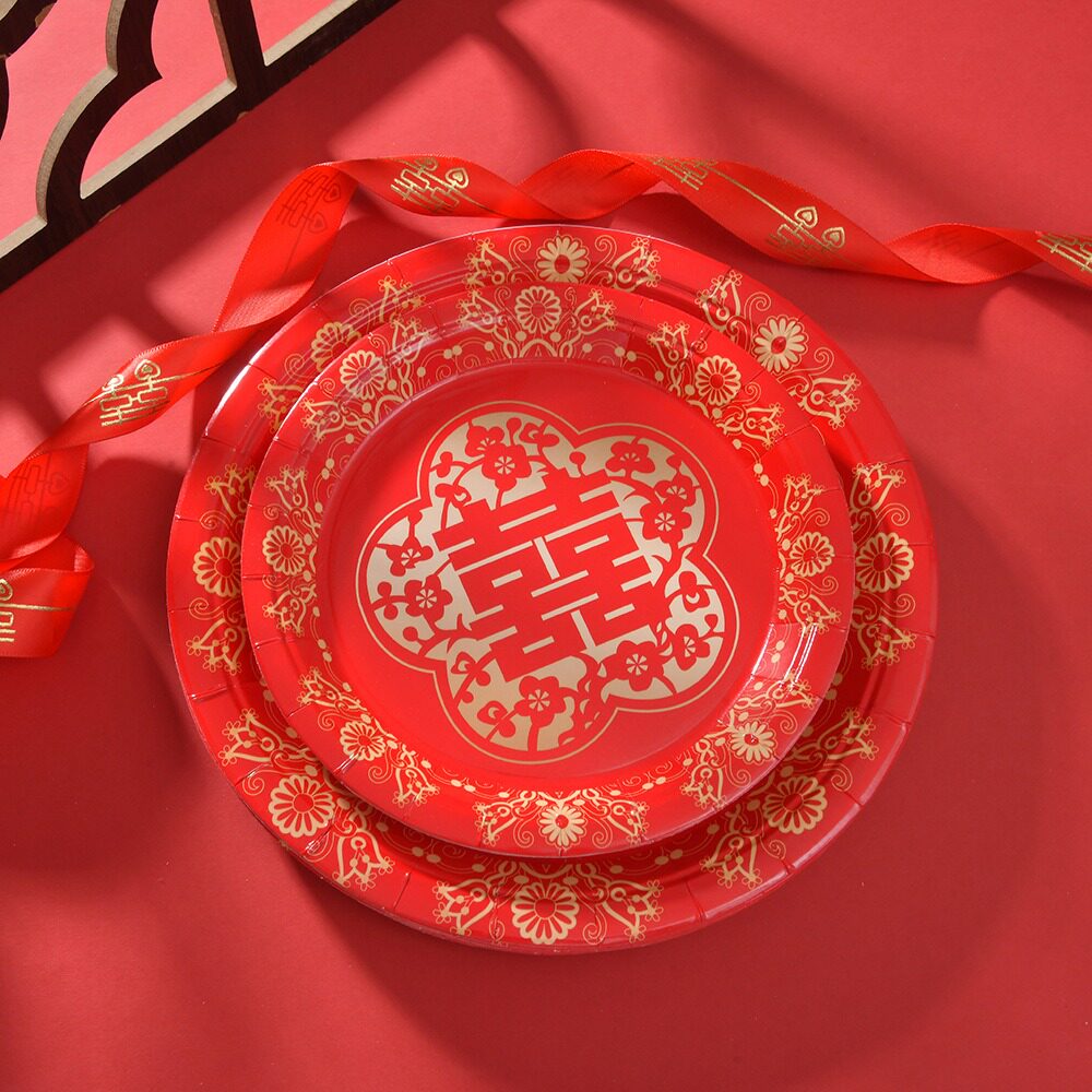 一次性烫金纸盘圆形喜庆婚礼