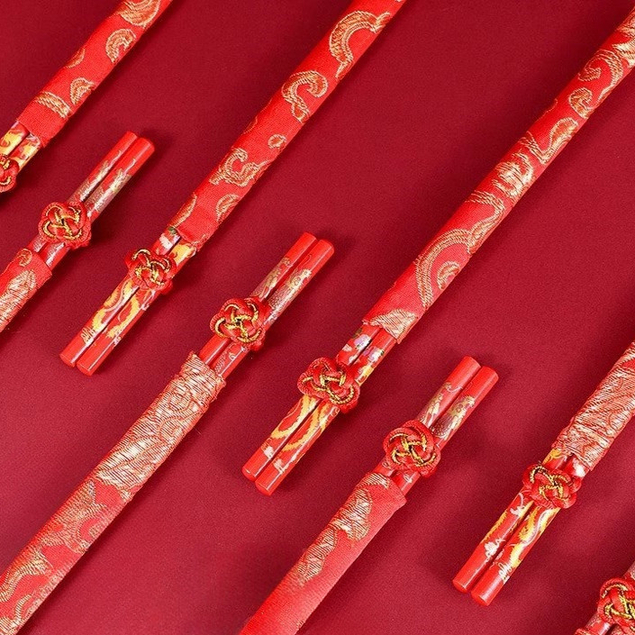 复古中式结婚红色筷子龙凤喜筷