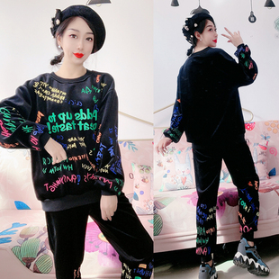 加绒双面绒欧洲站七彩字母印花金丝绒天鹅绒卫衣套装 2025秋装 新款