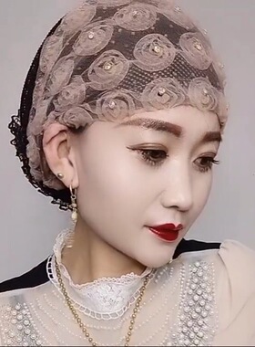 遮白发头饰帽子纱巾女春夏新款回族头巾盖头玫瑰发发带帽后头花帽
