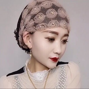 遮白发头饰帽子纱巾女春夏新款回族头巾盖头玫瑰发发带帽后头花帽