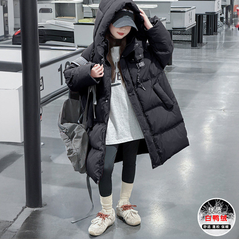 女童羽绒服冬装儿童中长款加厚白鸭绒外套女孩大童冬季保暖面包服