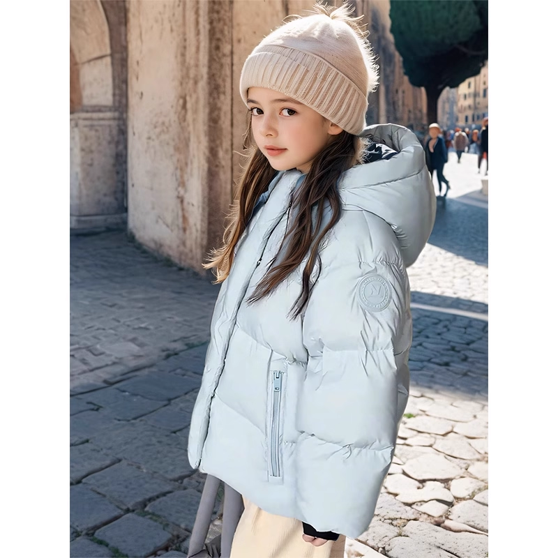 女童羽绒服冬季2025新款中大童短款白鸭绒外套冬装儿童袖标面包服