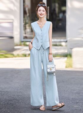 时尚套装女2025夏季新款超好看洋气减龄亚麻马甲休闲阔腿裤两件套