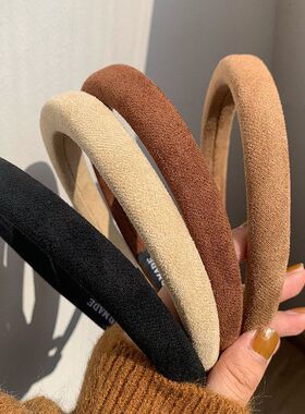 细版麂皮绒发箍秋冬棕色系头箍2022新款复古气质海绵高颅顶压发