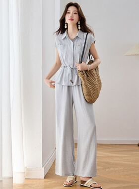 亚麻女高端棉麻套装女夏季轻奢高级感时尚洋气时髦收腰衬衫两件套