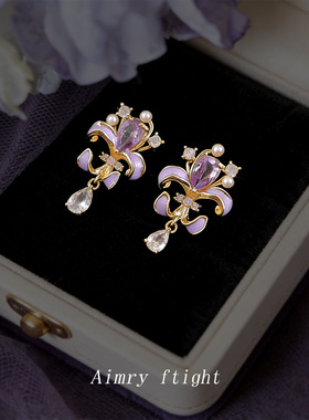 原创珐琅滴釉彩绘鸢尾花镶锆石银针耳钉清新甜美森系新款耳饰工厂