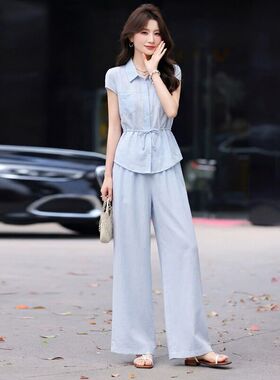 浅蓝色通勤气质衬衫阔腿裤两件套女2026夏季新款收腰显瘦流行套装