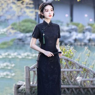 少女复古短袖 显瘦黑色蕾丝国风中长款 改良旗袍2025新款 年轻款 夏季