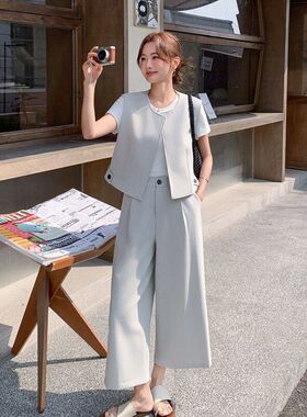 灰色休闲套装女2026夏季新款超好看马甲阔腿裤两件套小个子高级感