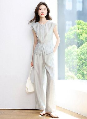 2025夏季新款通勤松弛感亚麻无袖上衣套装女搭配阔腿裤长裤两件套