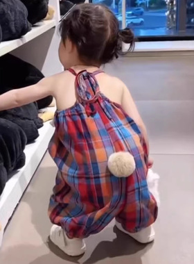 儿童装女童裤子可爱毛球尾巴格子连体裤连身衣2026新款童装工厂货