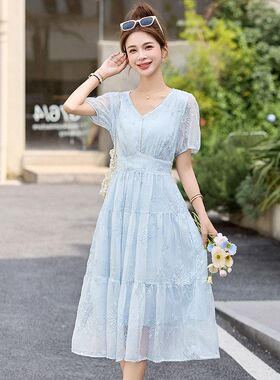白色连衣裙2025新款夏季女装气质显瘦遮肉中长款裙子洋气减龄薄款