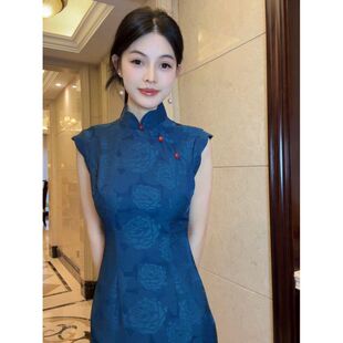 显白文艺书香气国风修身 古法高端日常旗袍裙子 新款 蓝色2025年夏季
