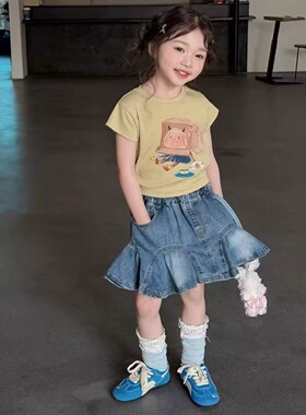 2026夏新款女童套装卡通 T 恤牛仔短裙两件套 2-10 岁儿童韩系童