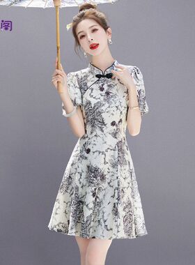 新中式国风改良旗袍连衣裙女装2025新款夏季气质小个子水墨裙子