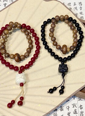 新中式情侣款醒狮木玻璃珠双圈小众国风时尚手串新款