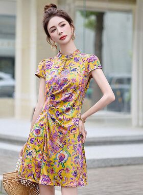 新中式复古盘扣改良旗袍连衣裙女套装2025夏季新款印花短裤两件套